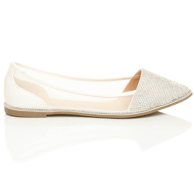 Right side view of White Patent Flat Diamante Mesh Pointed Toe Ballerina Dolly Shoes