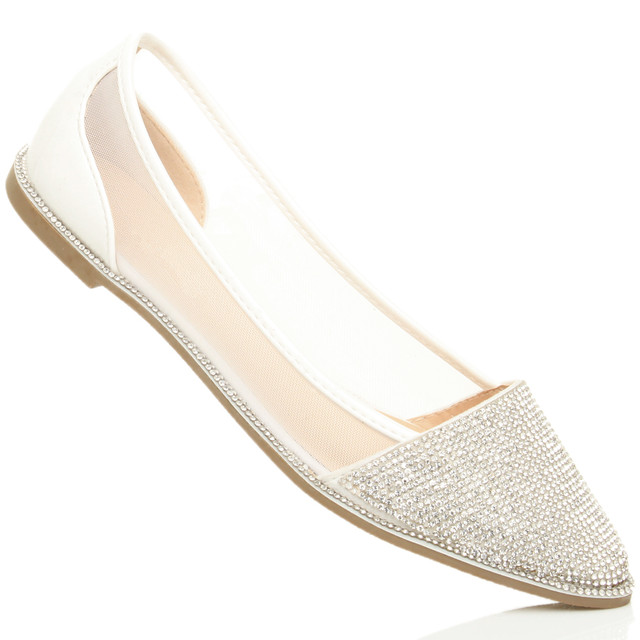 Bottom view of the sole of White Patent Flat Diamante Mesh Pointed Toe Ballerina Dolly Shoes
