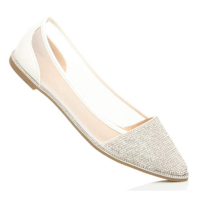 Closeup view of features of White Patent Flat Diamante Mesh Pointed Toe Ballerina Dolly Shoes