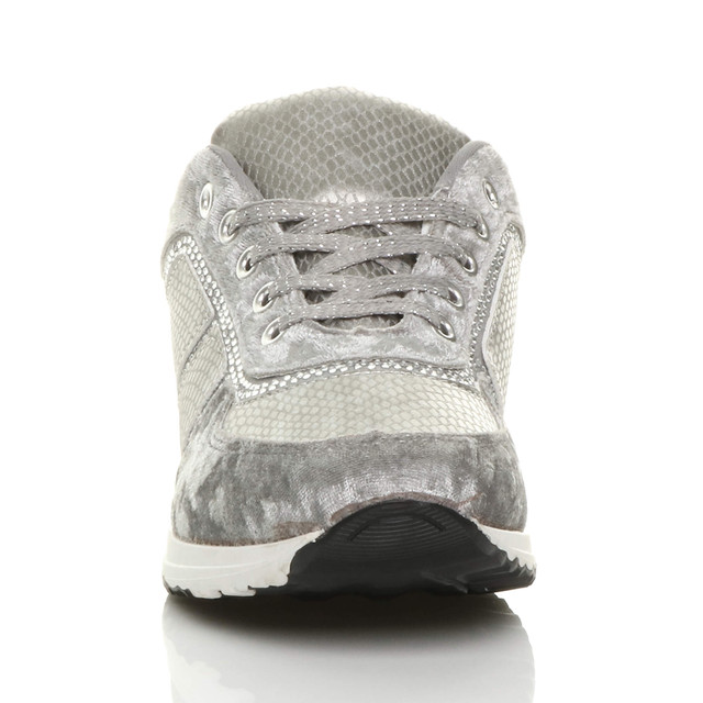 Front view of Grey Low Wedge Heel Velvet Diamante Trainers