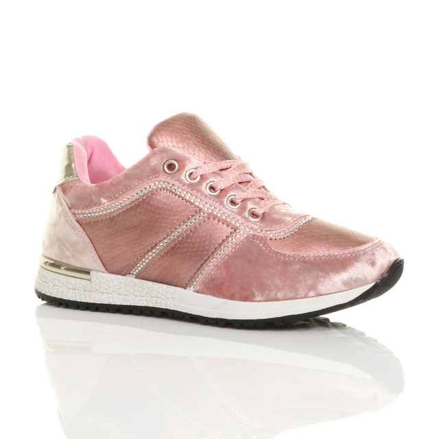 Front right side view of Pink Low Wedge Heel Velvet Diamante Trainers