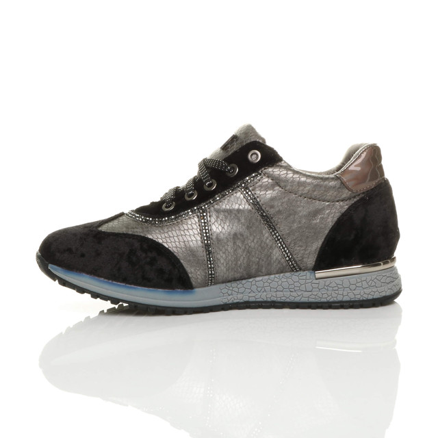 Left side view of Black Low Wedge Heel Velvet Diamante Trainers