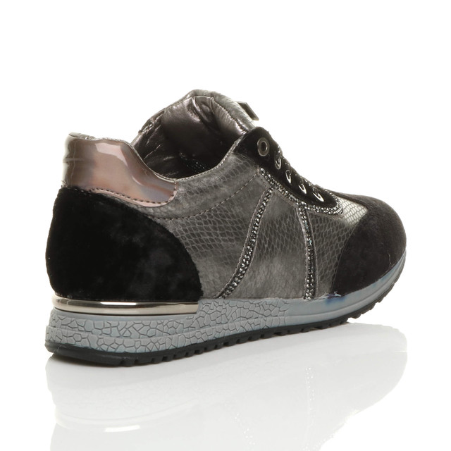 Back right side view of Black Low Wedge Heel Velvet Diamante Trainers