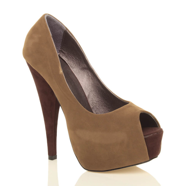 Front right side view of Camel Suede High Heel Peep Toe Platform Shoes