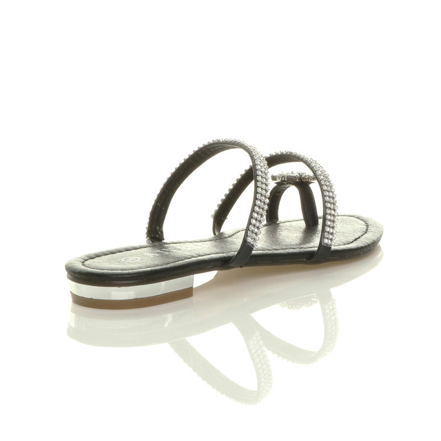 Back right side view of Black PU Flat Toe Ring Diamante Flip Flop Sandals