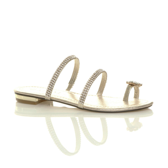 Front right side view of Gold PU Flat Toe Ring Diamante Flip Flop Sandals