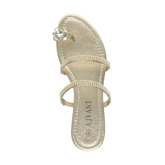 Top view of Gold PU Flat Toe Ring Diamante Flip Flop Sandals