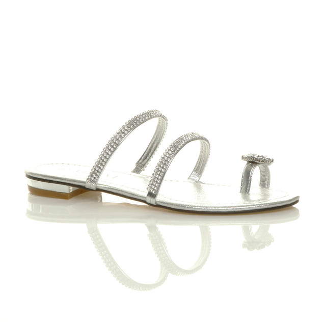 Front right side view of Silver PU Flat Toe Ring Diamante Flip Flop Sandals