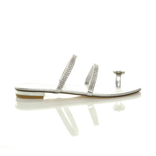 Right side view of Silver PU Flat Toe Ring Diamante Flip Flop Sandals