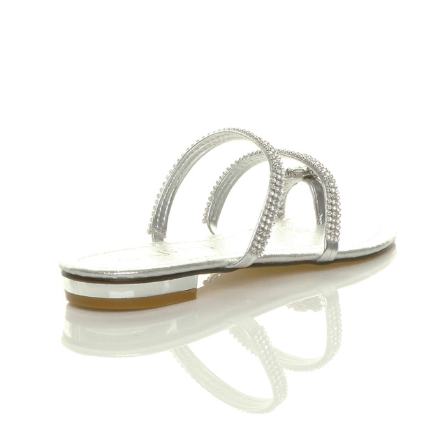 Back right side view of Silver PU Flat Toe Ring Diamante Flip Flop Sandals