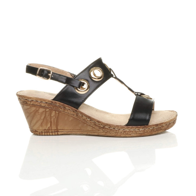 Right side view of Black PU Mid Wedge Heel T-Bar Slingback Comfort Sandals