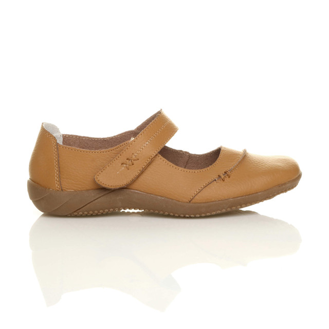 Right side view of Tan Flat Comfort Mary Jane Shoes