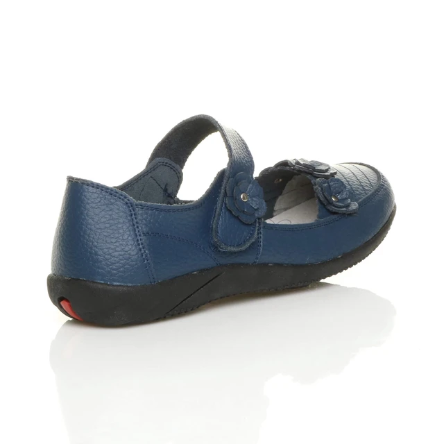 Back right side view of Navy Flat Comfort Flower Mary Jane Shoes