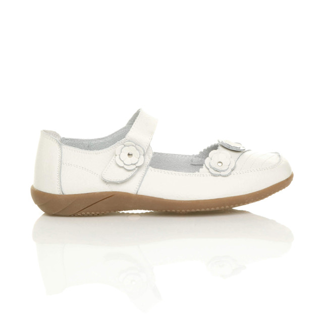 Right side view of White Flat Comfort Flower Mary Jane Shoes