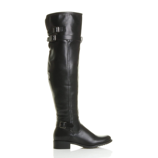 Right side view of Black PU Low Heel Biker Over The Knee Boots