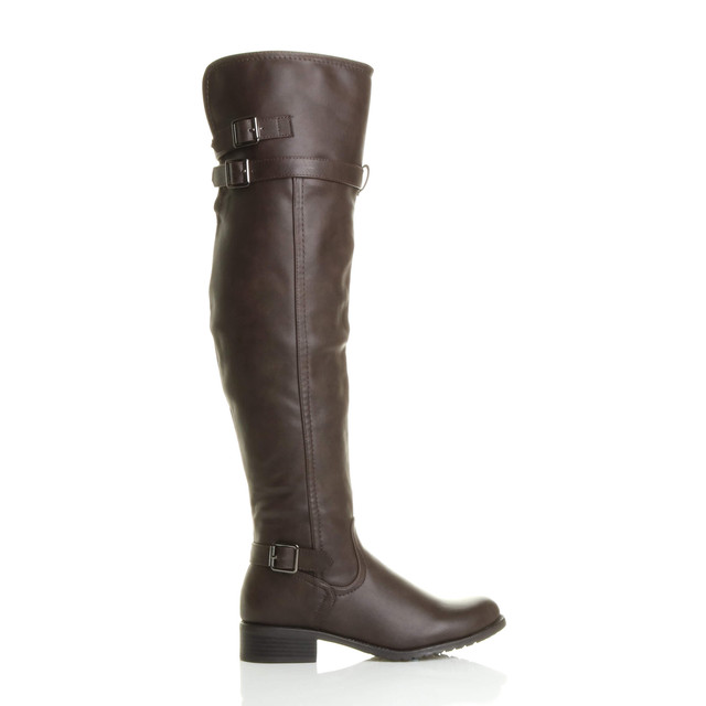 Right side view of Brown PU Low Heel Biker Over The Knee Boots