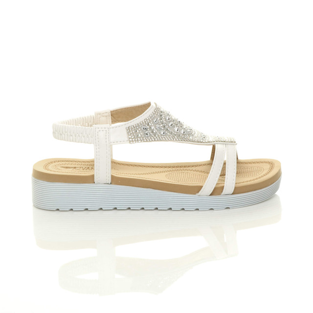 Right side view of White Low Wedge Heel Comfort Flatform Diamante T-Bar Slingback Sandals