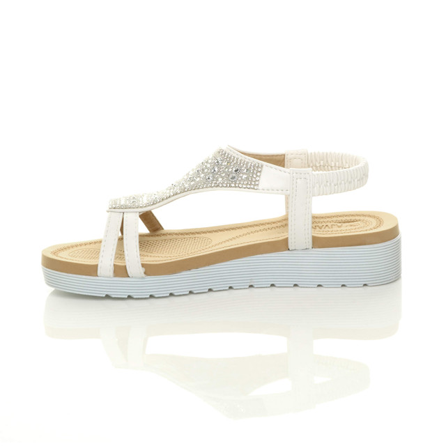 Left side view of White Low Wedge Heel Comfort Flatform Diamante T-Bar Slingback Sandals
