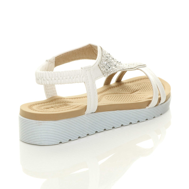 Back right side view of White Low Wedge Heel Comfort Flatform Diamante T-Bar Slingback Sandals
