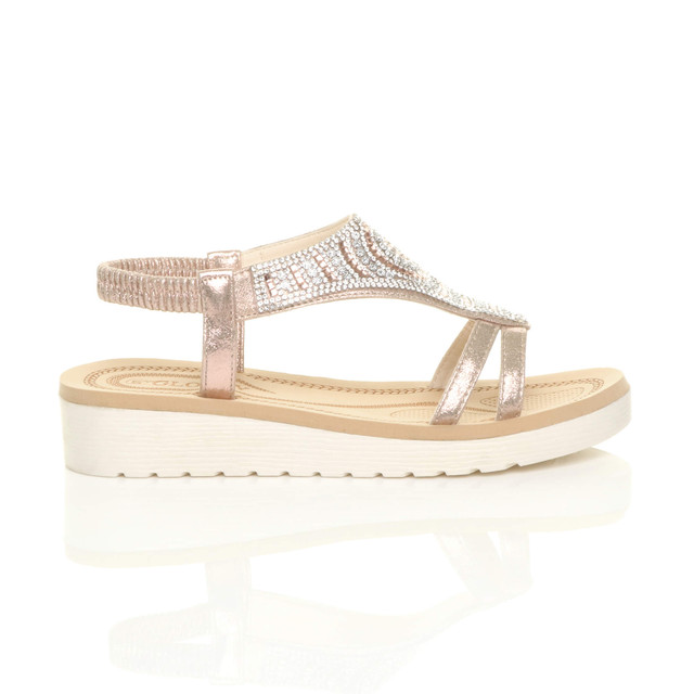 Right side view of Rose Gold Low Wedge Heel Comfort Flatform Diamante T-Bar Slingback Sandals