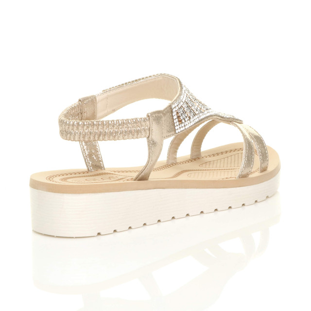 Back right side view of Gold Low Wedge Heel Comfort Flatform Diamante T-Bar Slingback Sandals