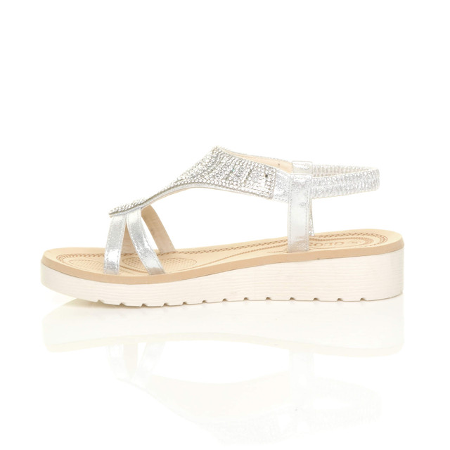 Left side view of Silver Low Wedge Heel Comfort Flatform Diamante T-Bar Slingback Sandals