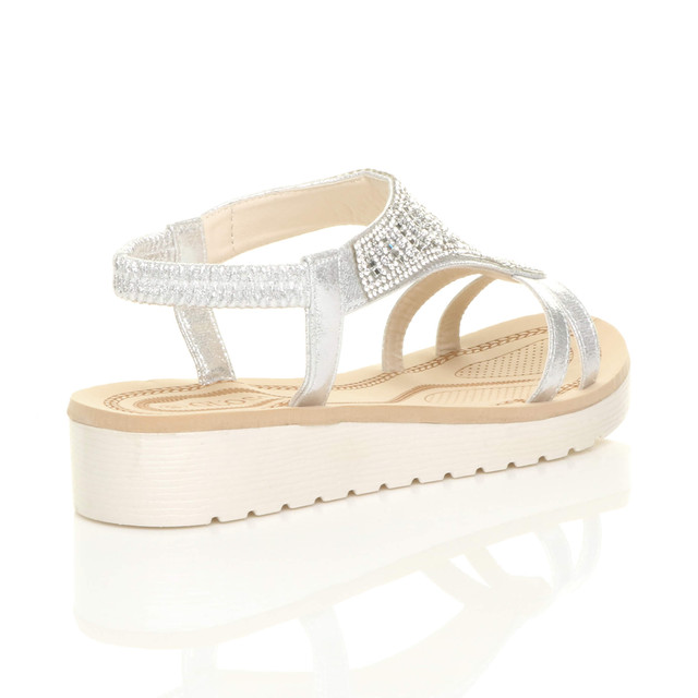 Back right side view of Silver Low Wedge Heel Comfort Flatform Diamante T-Bar Slingback Sandals