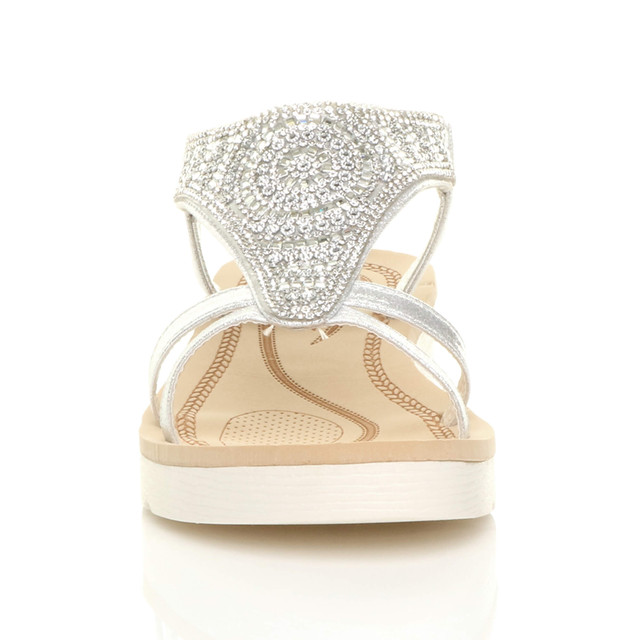 Front view of Silver Low Wedge Heel Comfort Flatform Diamante T-Bar Slingback Sandals