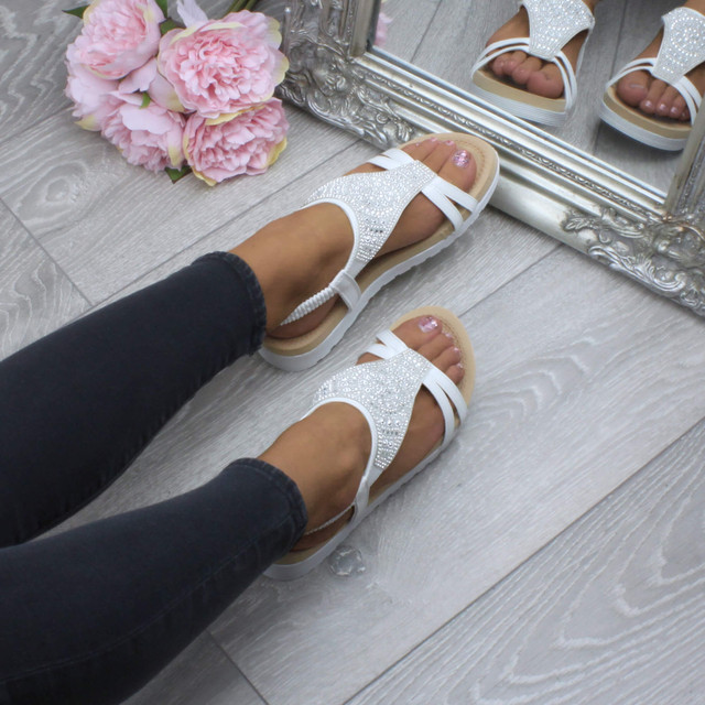 Model wearing White Low Wedge Heel Comfort Flatform Diamante T-Bar Slingback Sandals