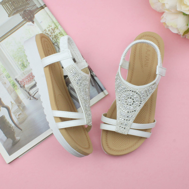 White Low Wedge Heel Comfort Flatform Diamante T-Bar Slingback Sandals