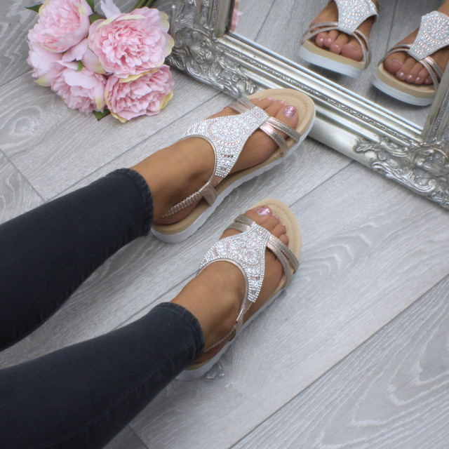 Model wearing Rose Gold Low Wedge Heel Comfort Flatform Diamante T-Bar Slingback Sandals