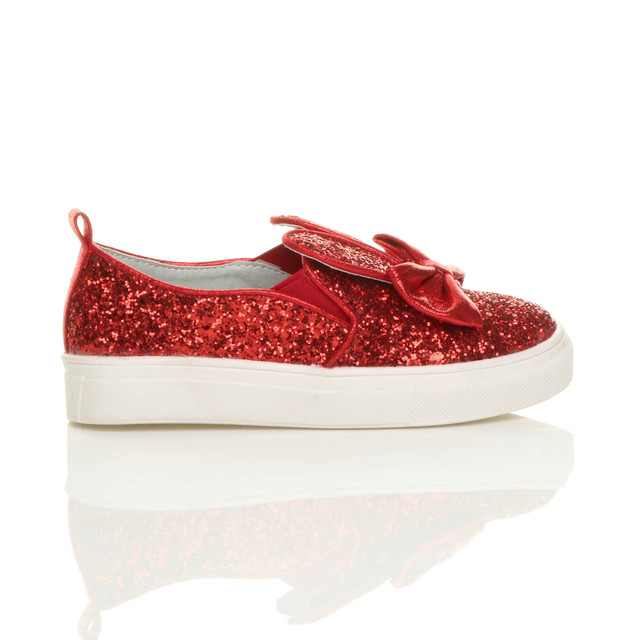 Right side view of Red Glitter Rabbit Bunny Ears Bow Plimsolls Trainers