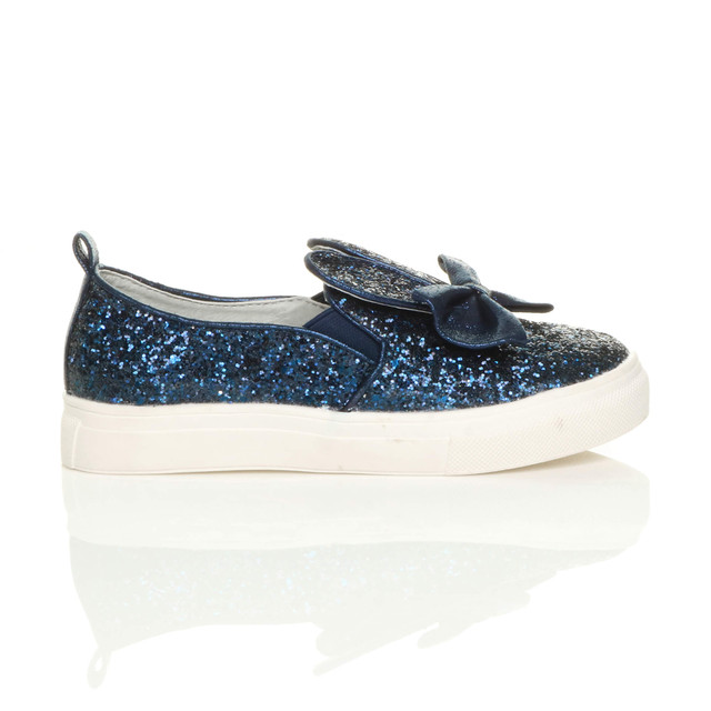 Right side view of Navy Glitter Rabbit Bunny Ears Bow Plimsolls Trainers