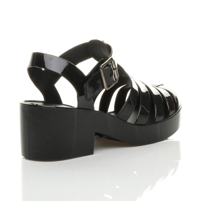 Back right side view of Black Mid Heel Gladiator Jelly Sandals