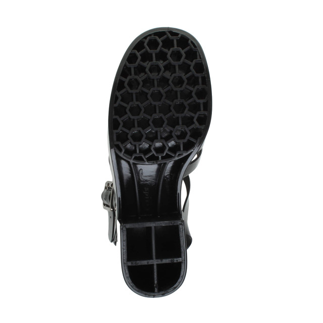 Bottom view of the sole of Black Mid Heel Gladiator Jelly Sandals