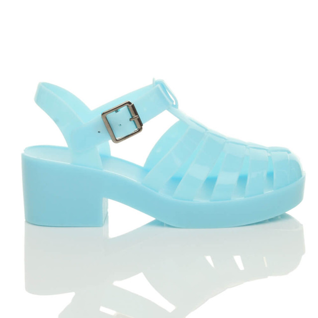 Right side view of Blue Mid Heel Gladiator Jelly Sandals