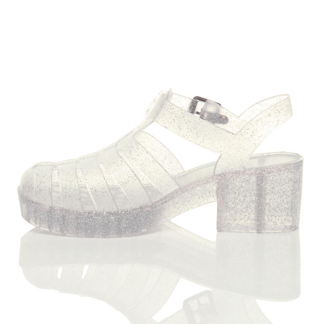 Back right side view of Clear Glitter Mid Heel Gladiator Jelly Sandals