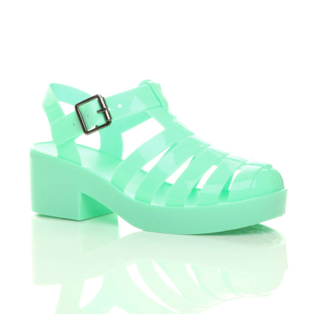 Front right side view of Mint Mid Heel Gladiator Jelly Sandals