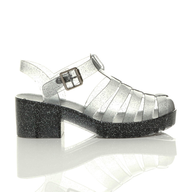 Right side view of Smoke Glitter Mid Heel Gladiator Jelly Sandals