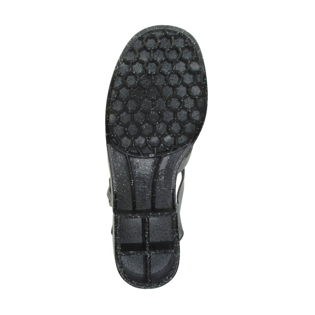 Bottom view of the sole of Smoke Glitter Mid Heel Gladiator Jelly Sandals