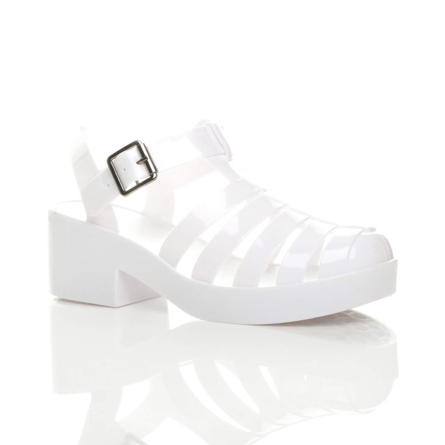 Front right side view of White Mid Heel Gladiator Jelly Sandals