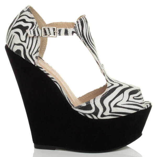 Right side view of Zebra Suede High Heel Wedge T-Bar Buckle Platform Sandals