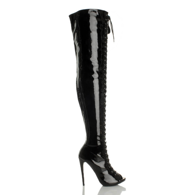 Right side view of Black Patent High Heel Lace Up Over The Knee Thigh Boots