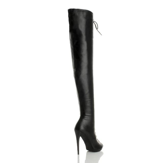 Back right side view of Black PU High Heel Lace Up Over The Knee Thigh Boots