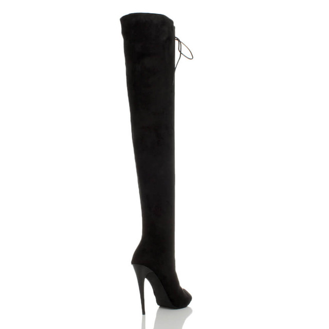 Back right side view of Black Suede High Heel Lace Up Over The Knee Thigh Boots