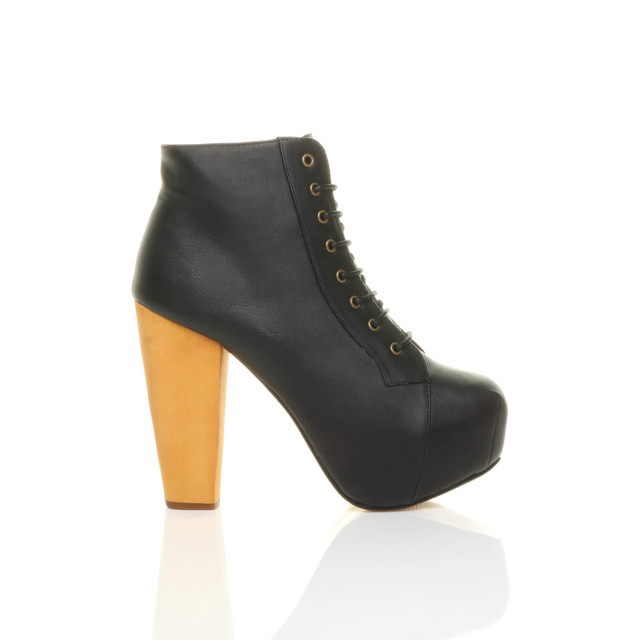Right side view of Black PU High Wooden Heel Platform Ankle Boots