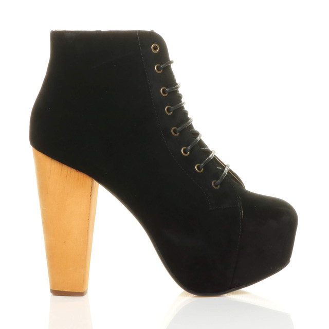 Right side view of Black Suede High Wooden Heel Platform Ankle Boots