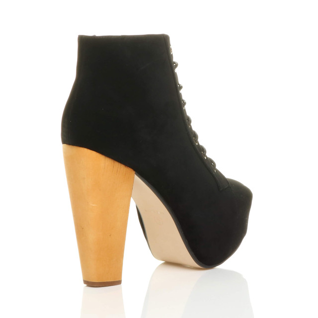 Back right side view of Black Suede High Wooden Heel Platform Ankle Boots