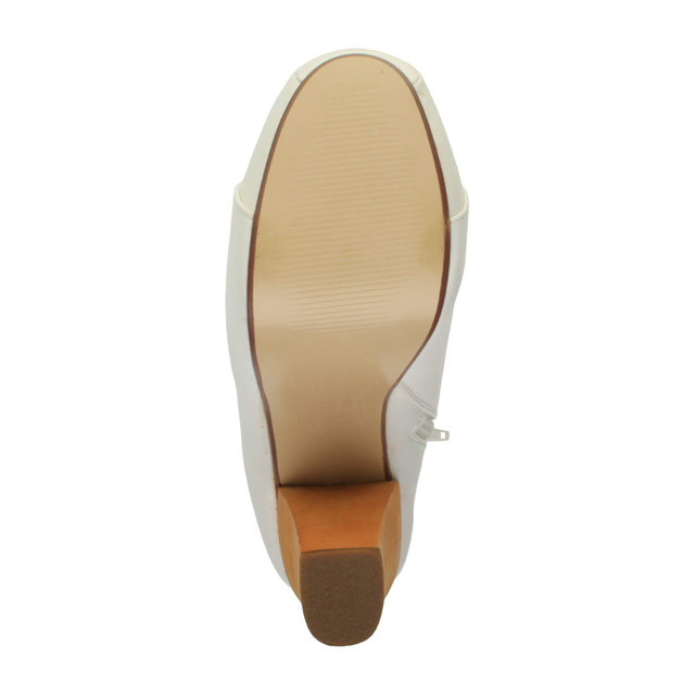 Bottom view of the sole of White PU High Wooden Heel Platform Ankle Boots
