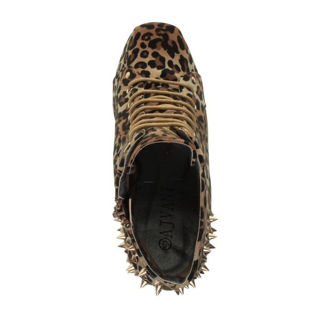 Top view of Leopard Spiked Suede High Wooden Heel Platform Ankle Boots